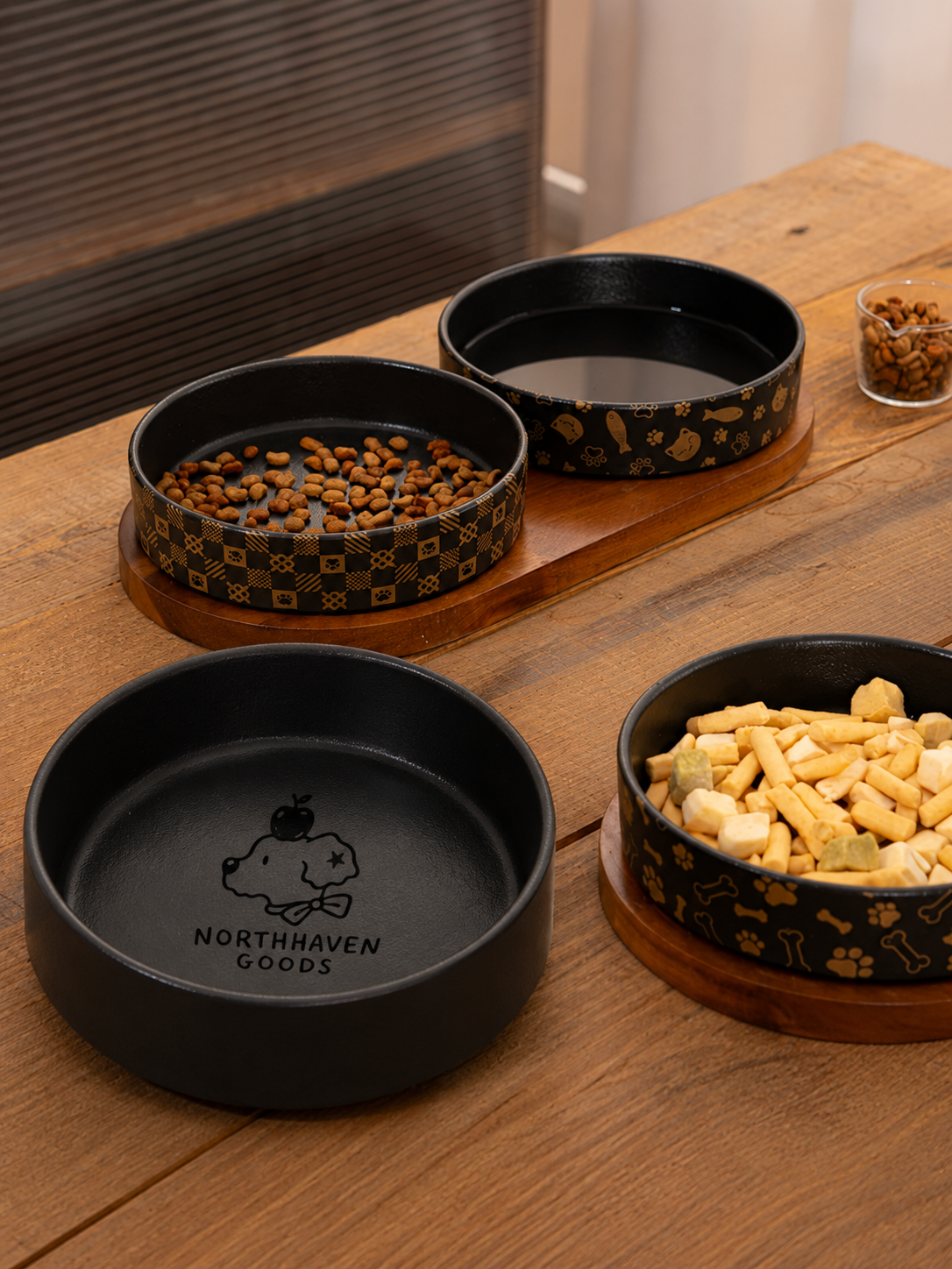 Walnut Wooden Base Double Ceramic Pet Bowl Set