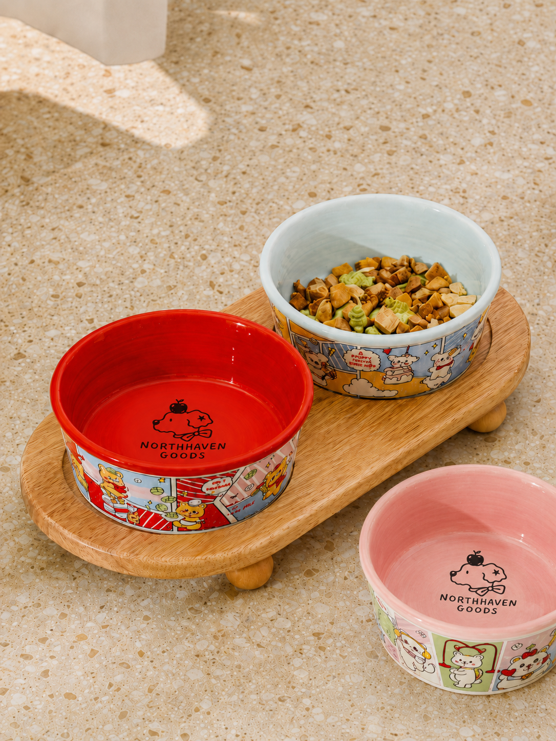 Cute Glazed Ceramic Double Bowl Set for Cats and Dogs