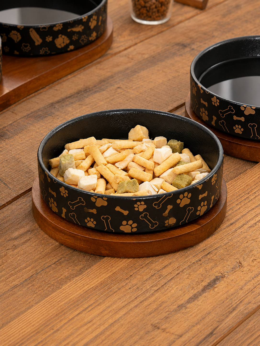 Walnut Wooden Base Double Ceramic Pet Bowl Set