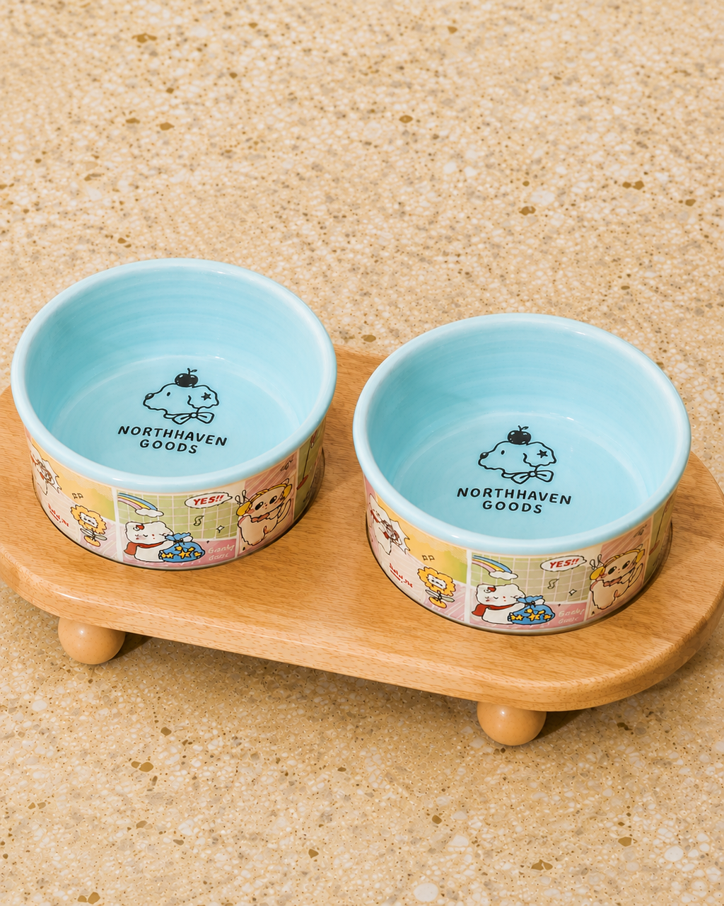 Cute Glazed Ceramic Double Bowl Set for Cats and Dogs