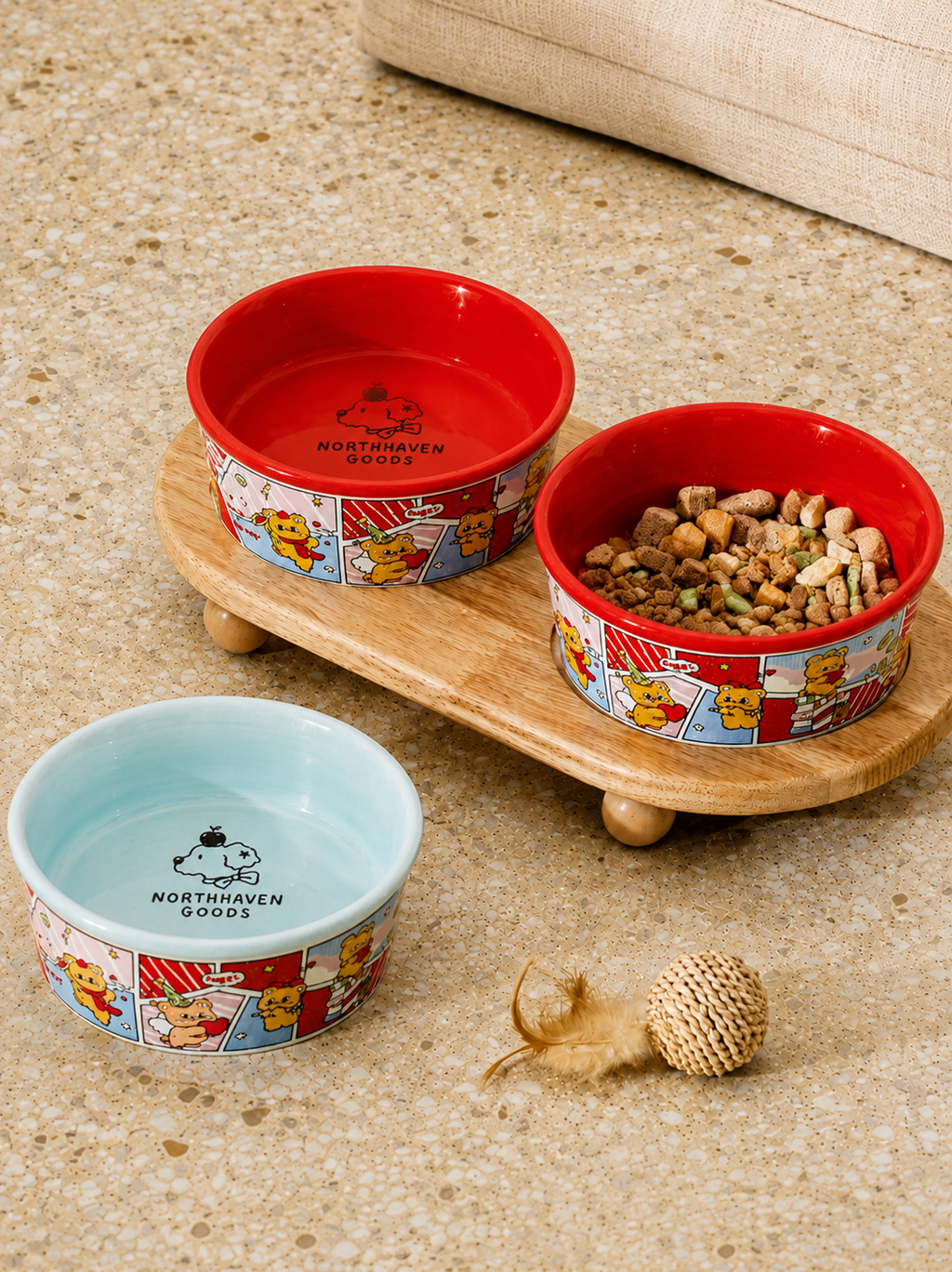 Cute Glazed Ceramic Double Bowl Set for Cats and Dogs