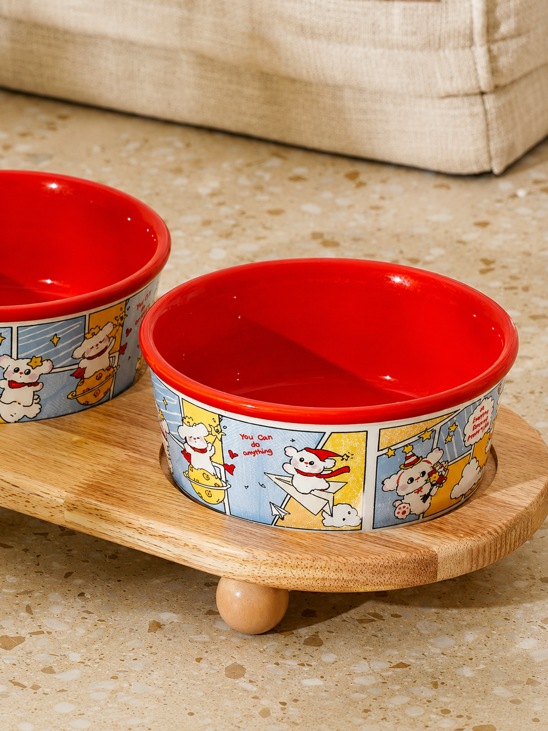 Cute Glazed Ceramic Double Bowl Set for Cats and Dogs